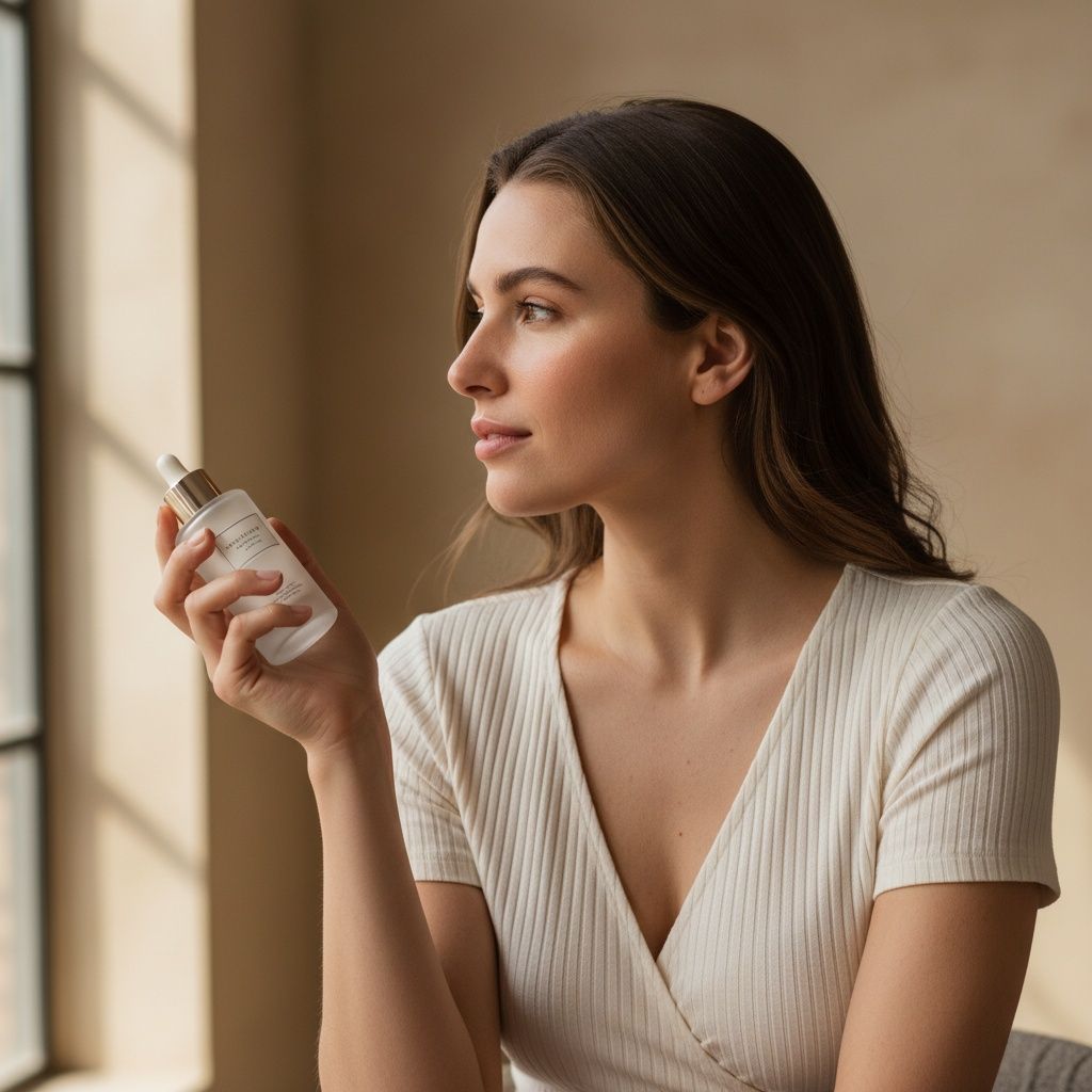 Beautyportret in halfprofiel bij zacht raamlicht, met een cosmeticaverpakking in de hand