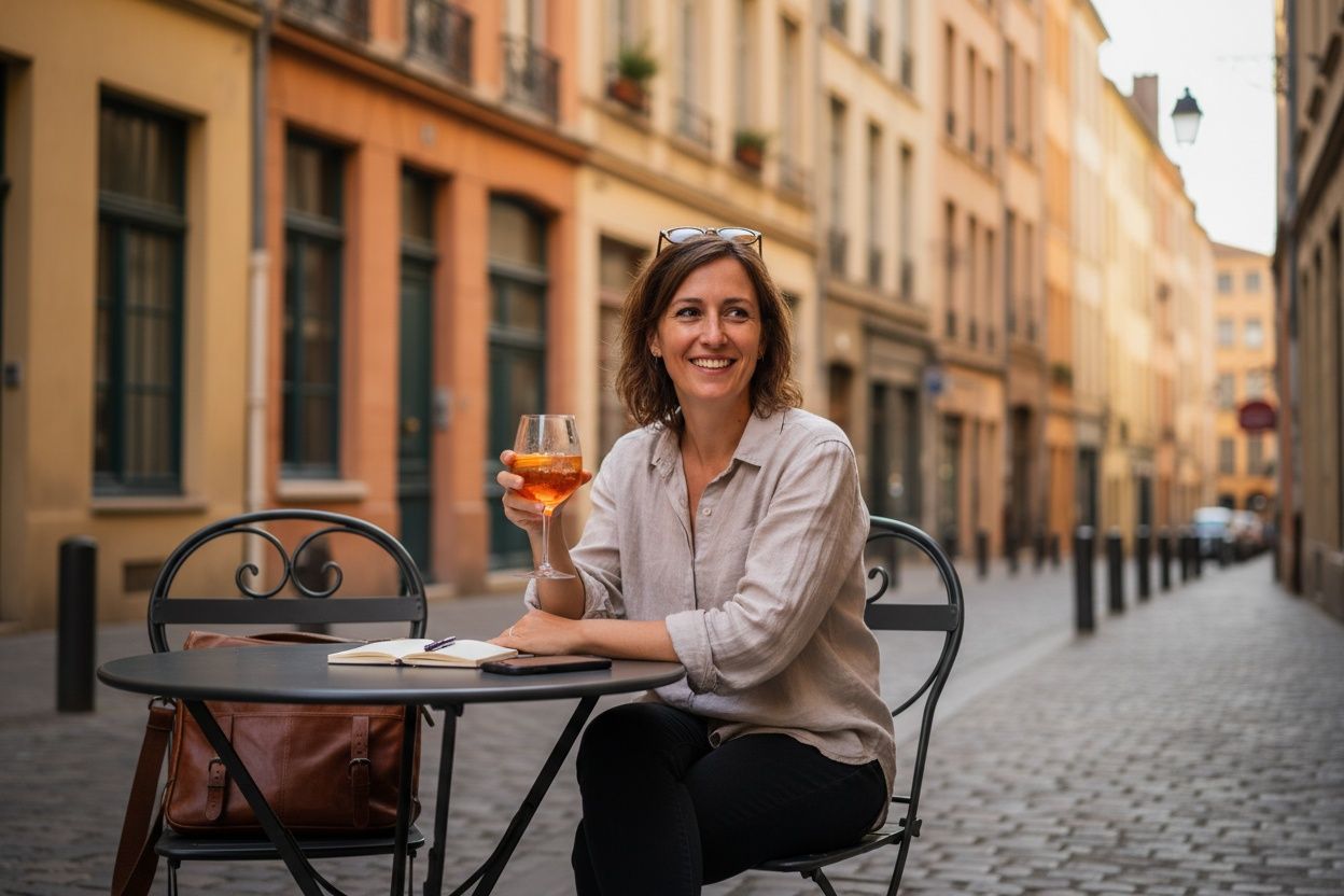 Lifestylebeeld aan een cafétafel in Lyon met warme gevels op de achtergrond