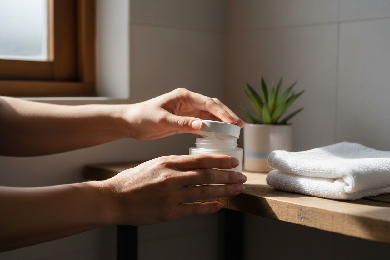 Skincare-serie: handen openen een crèmepotje boven een badkamerplank