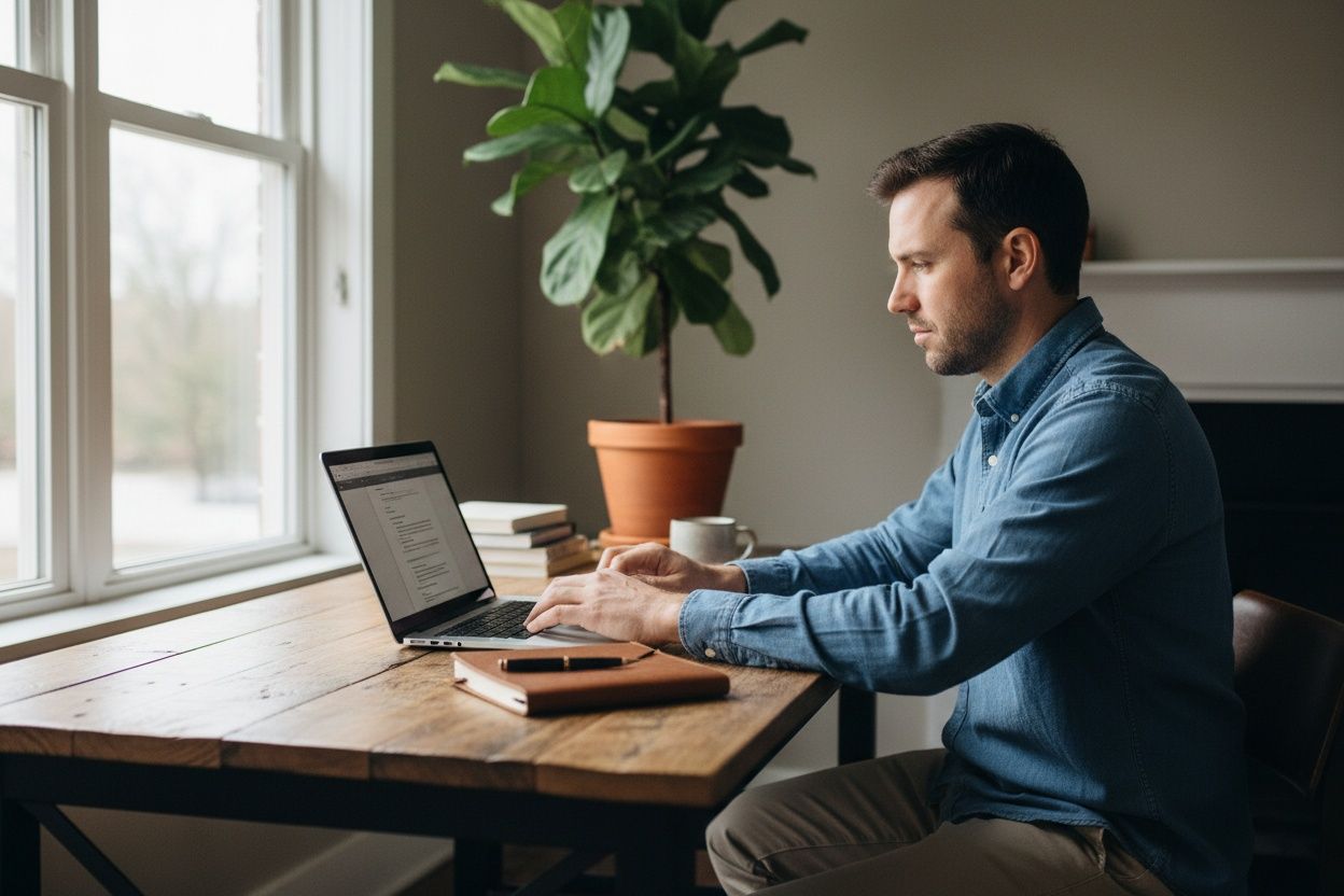 Personal branding: ondernemer aan een houten bureau met laptop bij daglicht