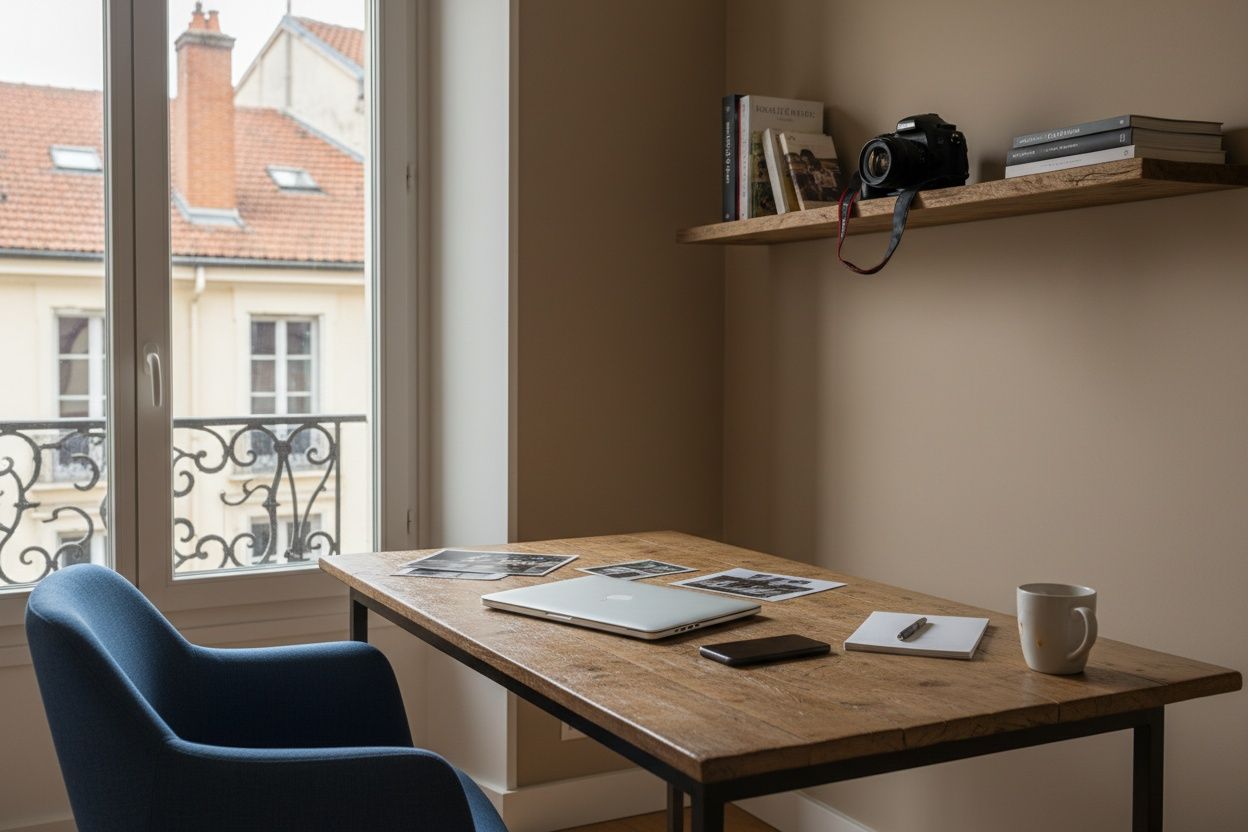 Werkhoek van een fotograaf: gesloten laptop en telefoon op tafel, camera op een plank aan de muur