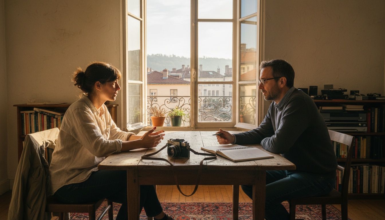 Twee mensen in gesprek aan een tafel bij een hoog raam, met een camera en een open notitieboek tussen hen in