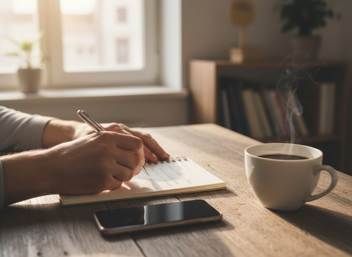 Handen maken aantekeningen in een notitieboek naast een telefoon op een houten tafel