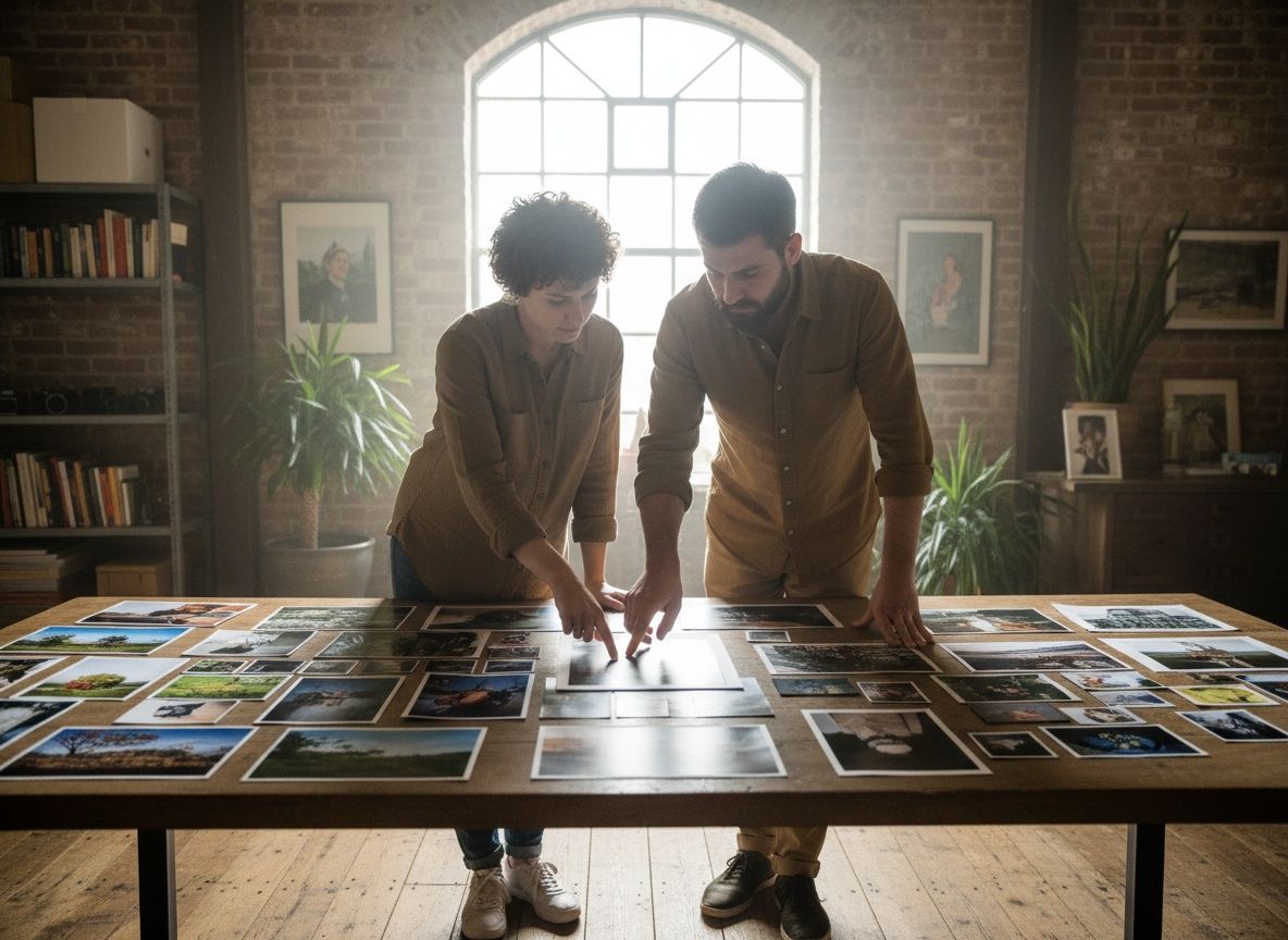 Twee mensen bekijken samen afdrukken die over een tafel zijn uitgelegd