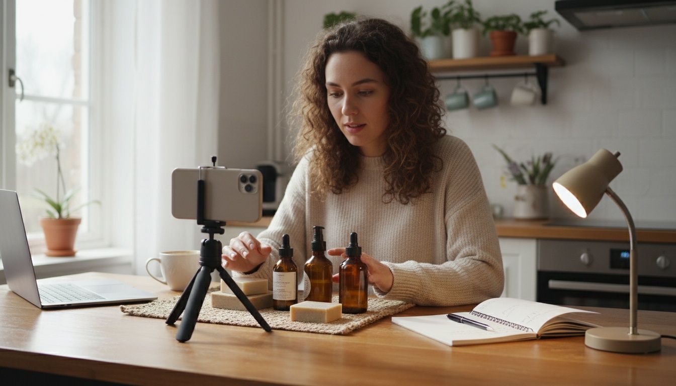 Beginnende creator aan het werk aan de keukentafel: telefoon op een klein statief boven een opstelling met producten