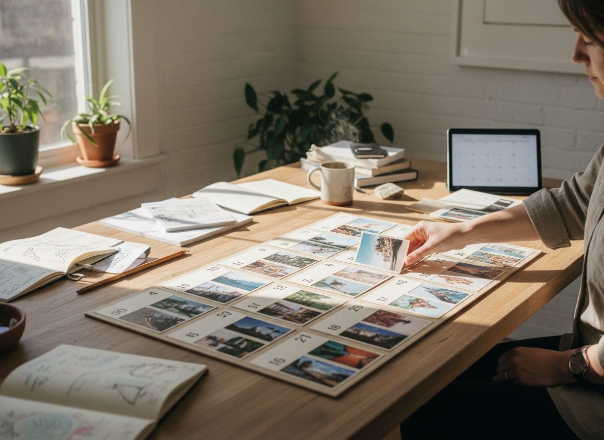 Planning van een contentreeks: wandkalender met kaartjes en miniatuurafdrukken van beelden