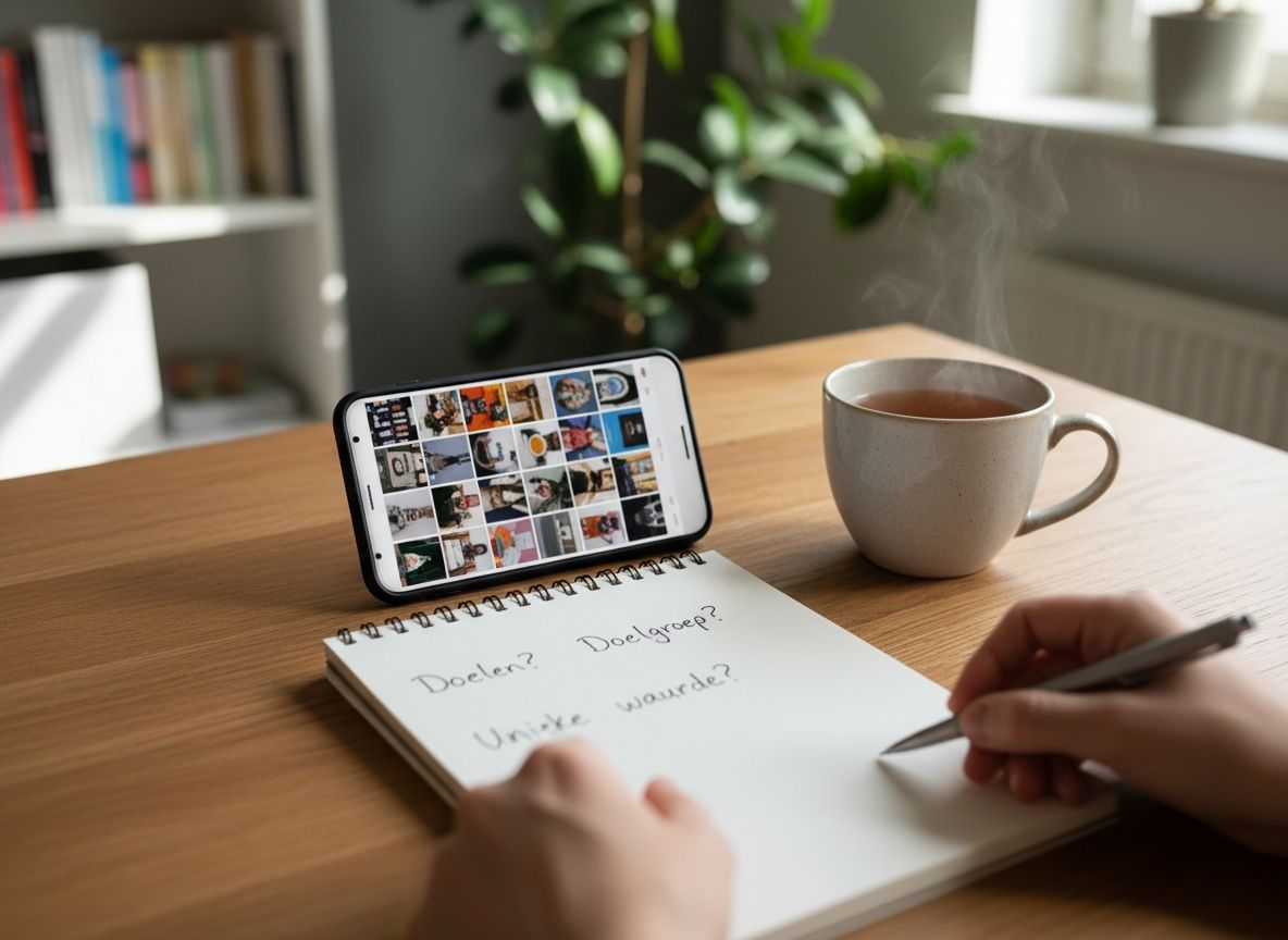 Kennismaking over eigen werk: telefoon met een profielpagina open naast een notitieboek met vragen