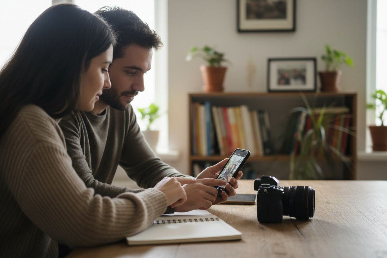 Begeleiding naast elkaar aan tafel: samen kijken naar het scherm van een telefoon met een net gemaakte opname