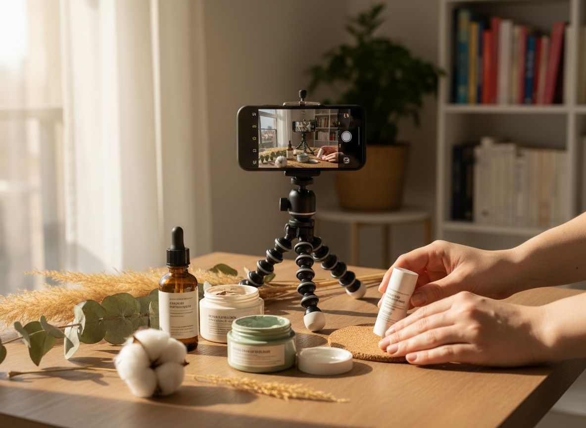 Contentopnames voor social: telefoon op statief boven een tafel met producten en rekwisieten