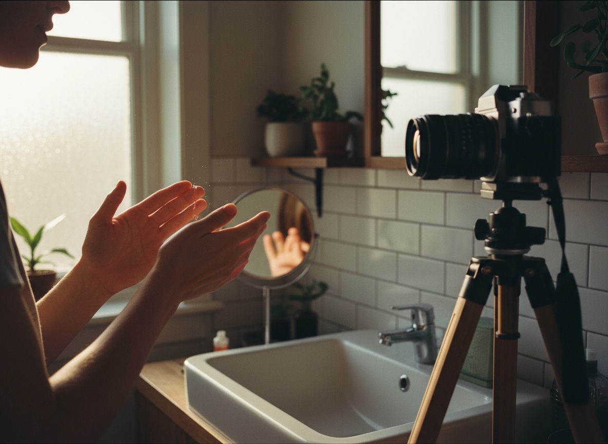 Skincare-routine wordt vastgelegd: handen brengen een serum aan terwijl een camera meekijkt