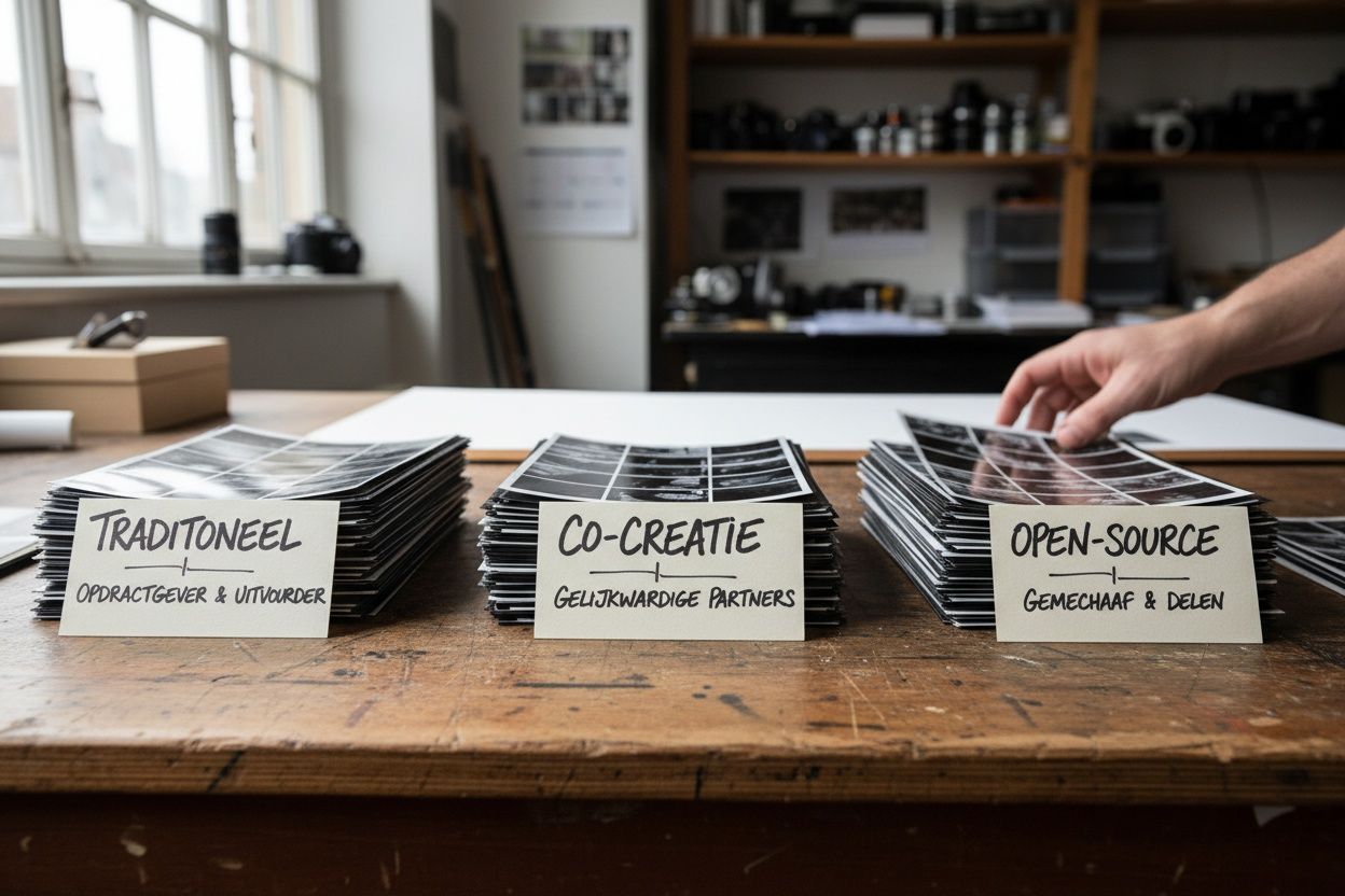 Drie stapels contactafdrukken met handgeschreven kaartjes ertussen, een hand verschuift er een