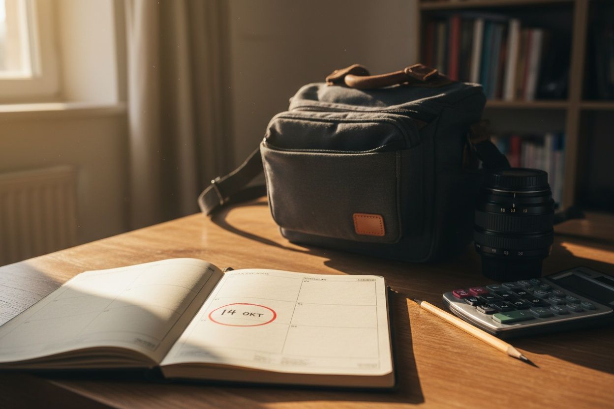 Papieren agenda met een dag omcirkeld naast een cameratas en een lens op een houten bureau