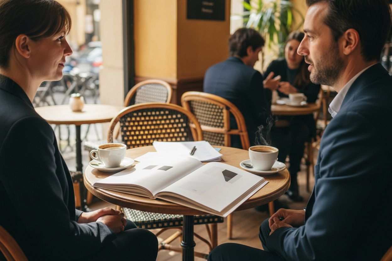 Twee koppen koffie en een geopend merkboek tussen twee stoelen aan een cafétafel in Lyon