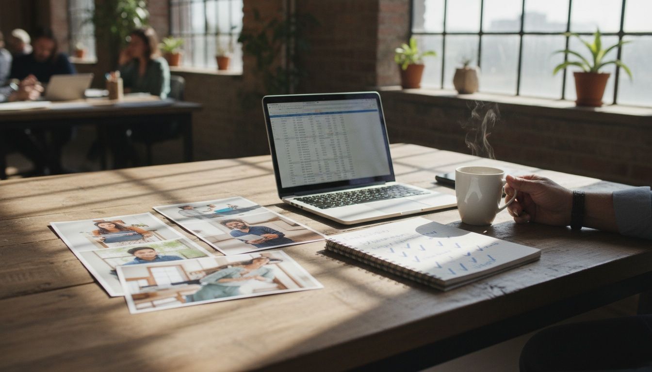 Media kit op tafel bij een inkoper: afgedrukte campagnebeelden naast een geopende laptop en een notitieboek