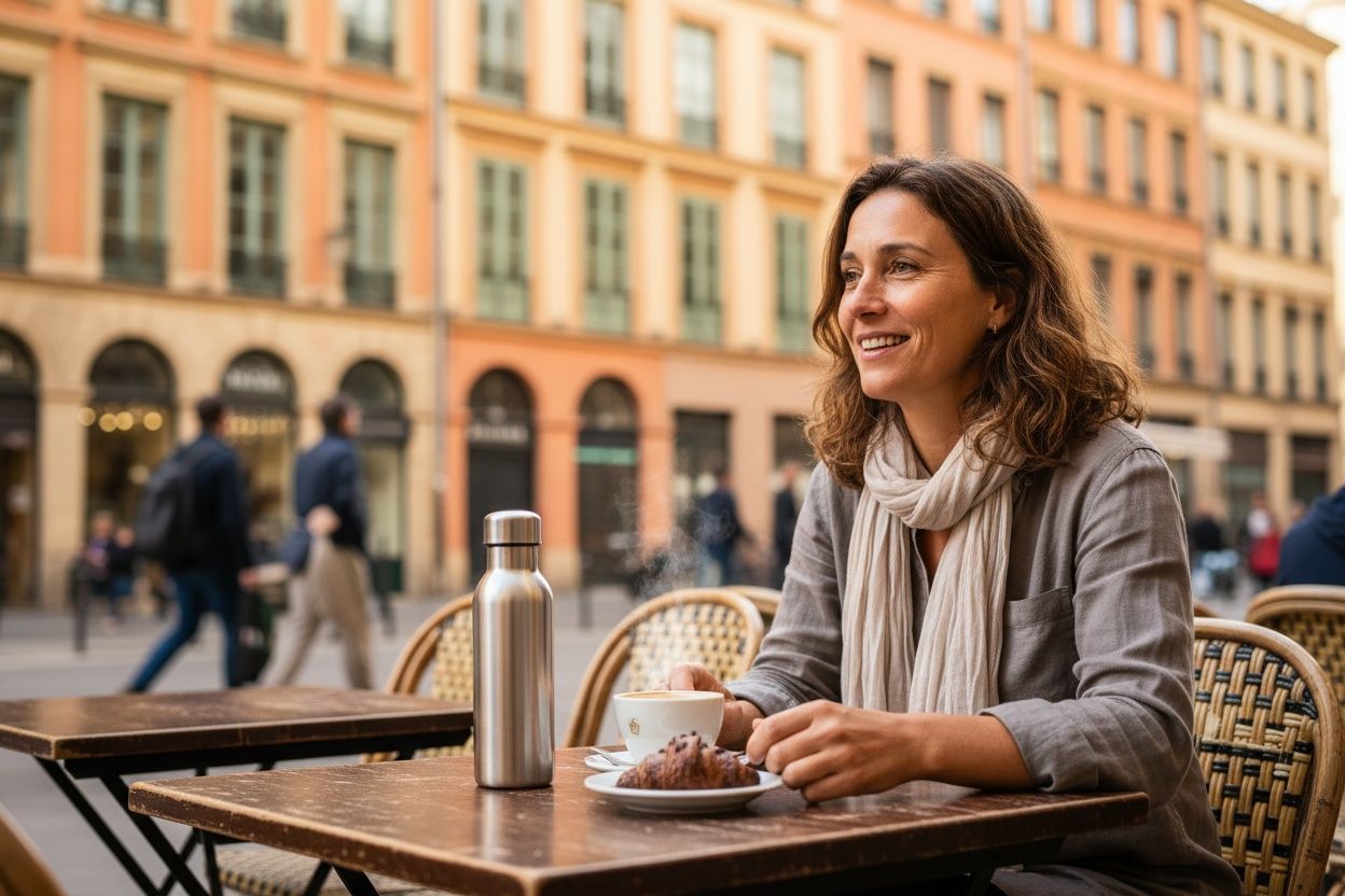Lifestylebeeld aan een cafétafel in Lyon, met het product naast een kop koffie