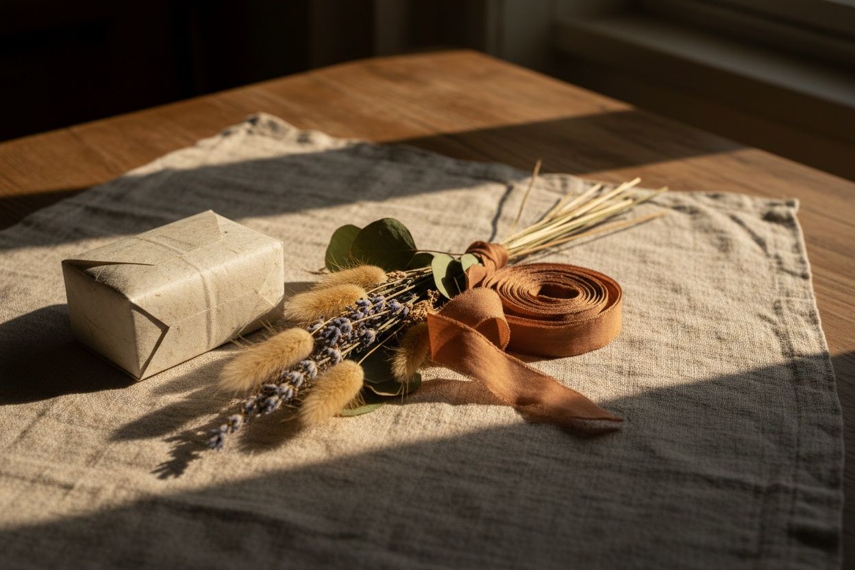 Merkstilleven op linnen: verpakking naast gedroogde bloemen en een zijden lint in strijklicht
