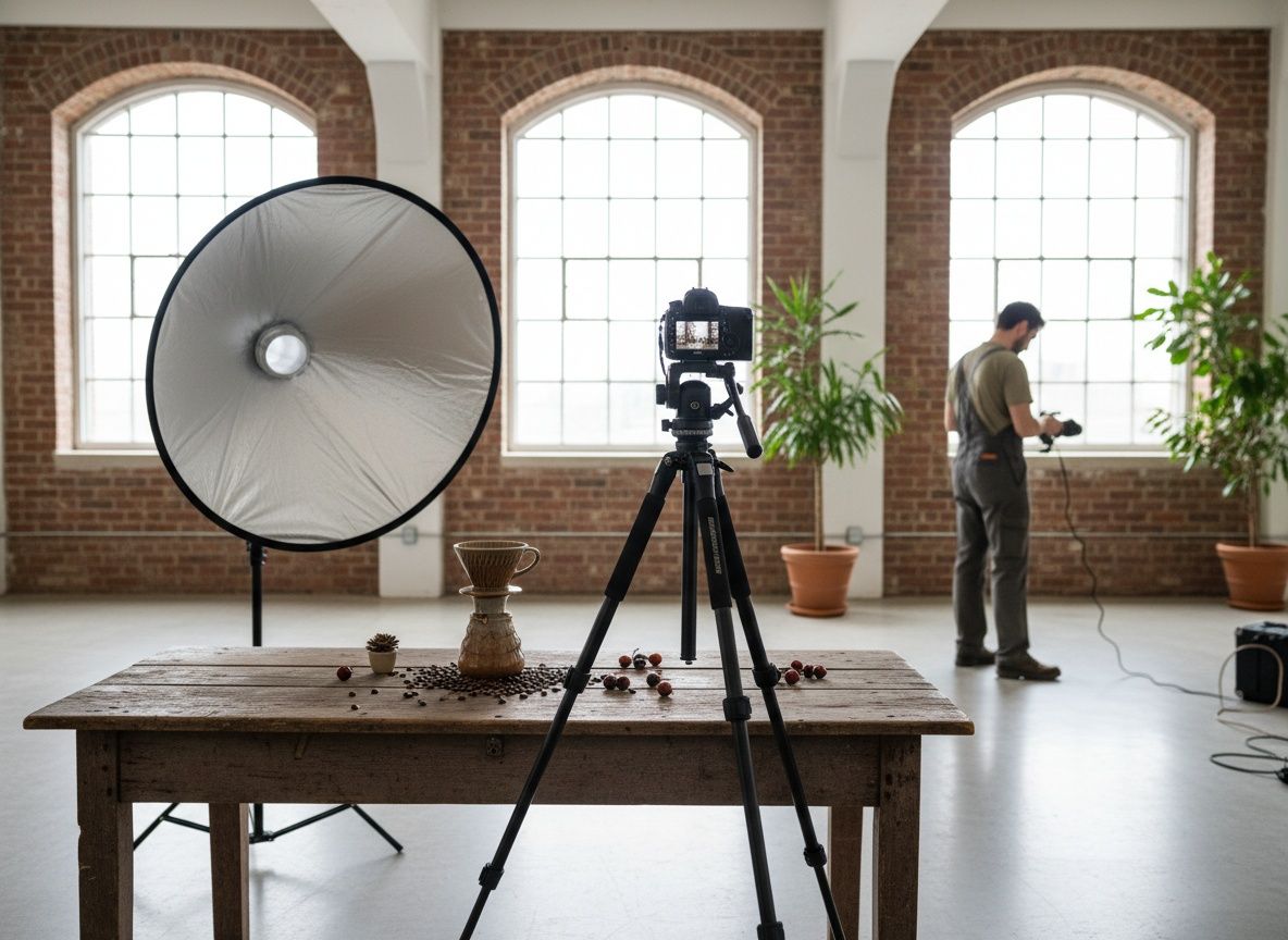 Shootdag voor een merk: camera op statief gericht op een opstelling met het product