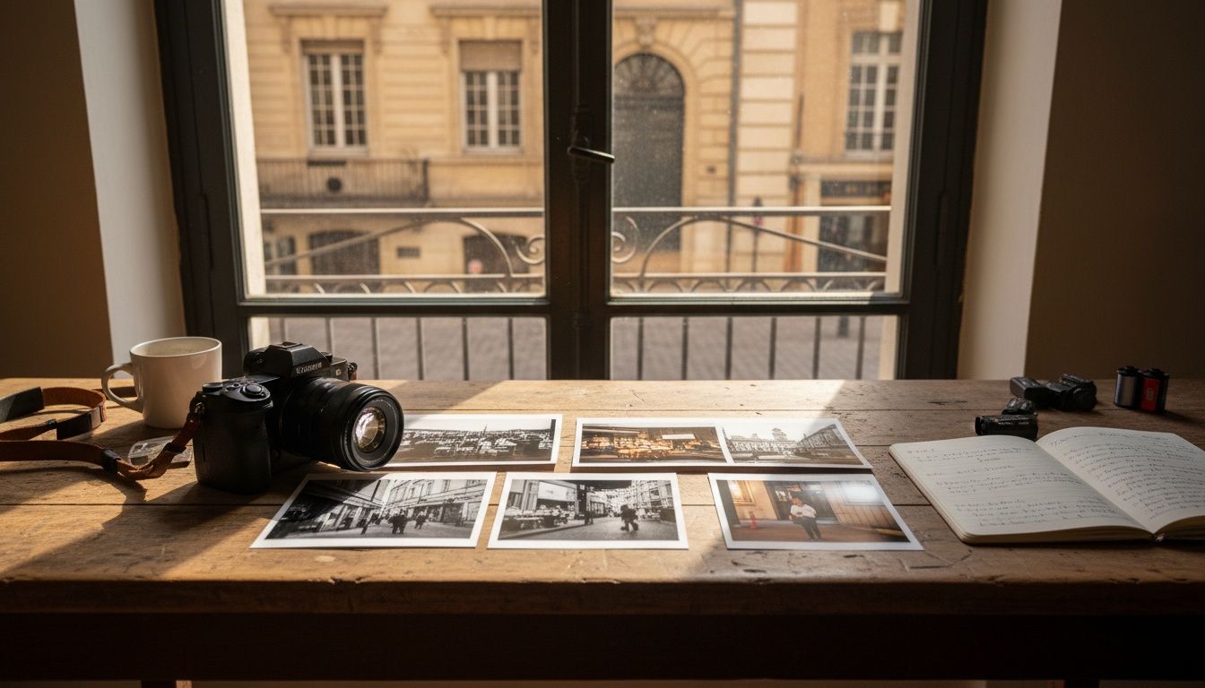 Werkplek in Lyon: camera, lens en een reeks afdrukken naast elkaar op een houten tafel bij een hoog raam