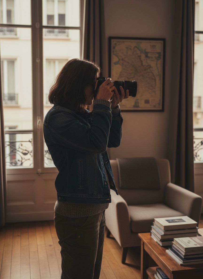 Fotograaf van opzij bij een raam met de camera aan het oog, gezicht niet in beeld