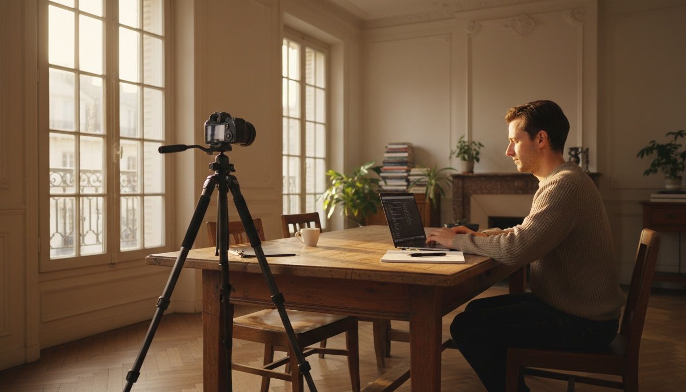 Personal branding shoot in een Lyonees appartement: werken aan een tafel terwijl een camera op statief meekijkt