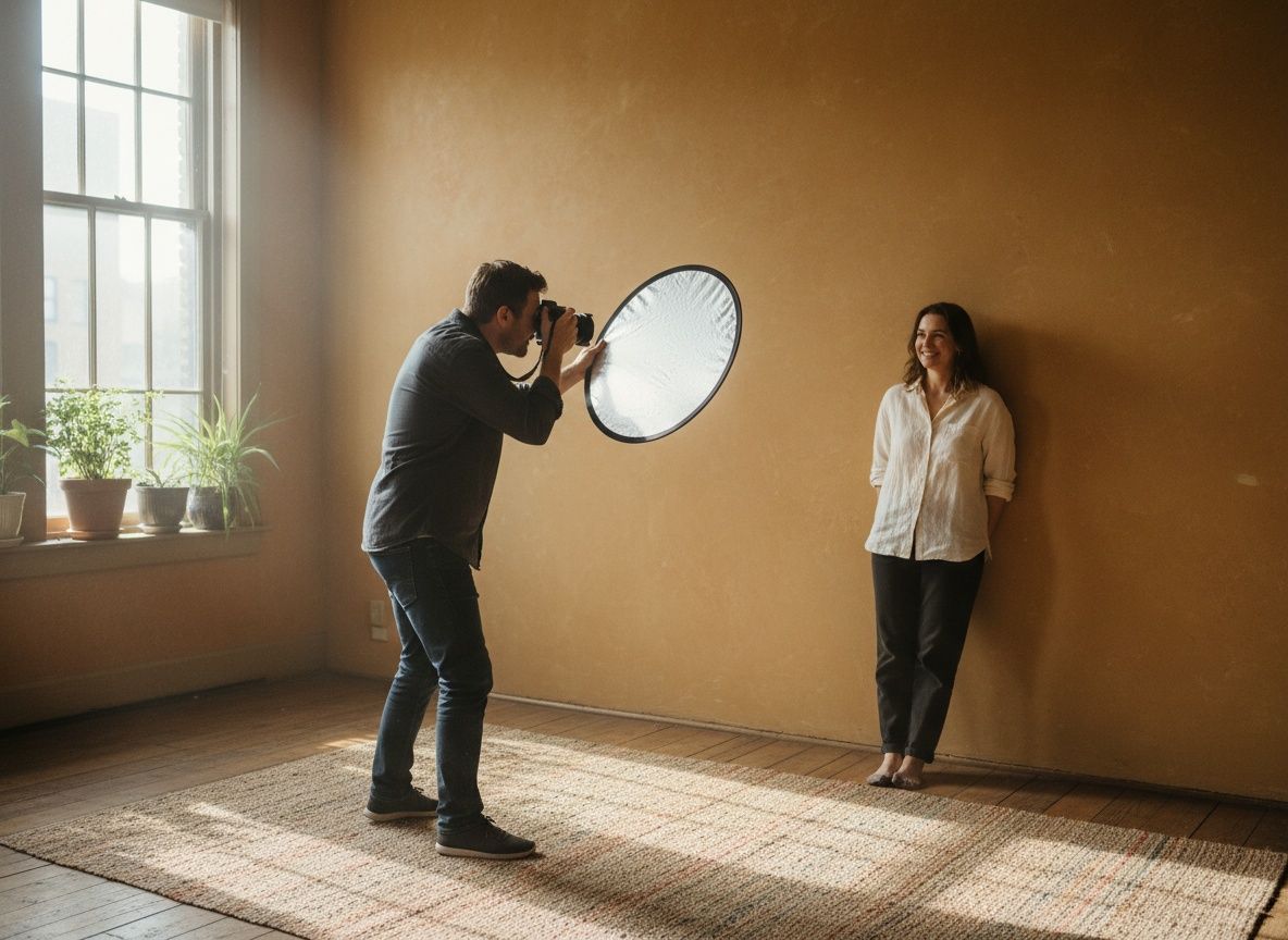 De sessie: fotograaf met camera aan het oog en een reflectiescherm dat raamlicht opvangt