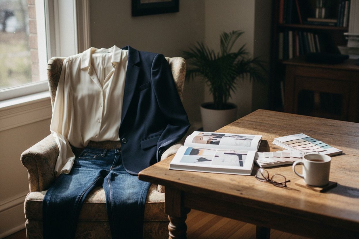 Voorbereiding van een sessie: uitgekozen kleding over een stoel naast een beeldplan en kleurstalen