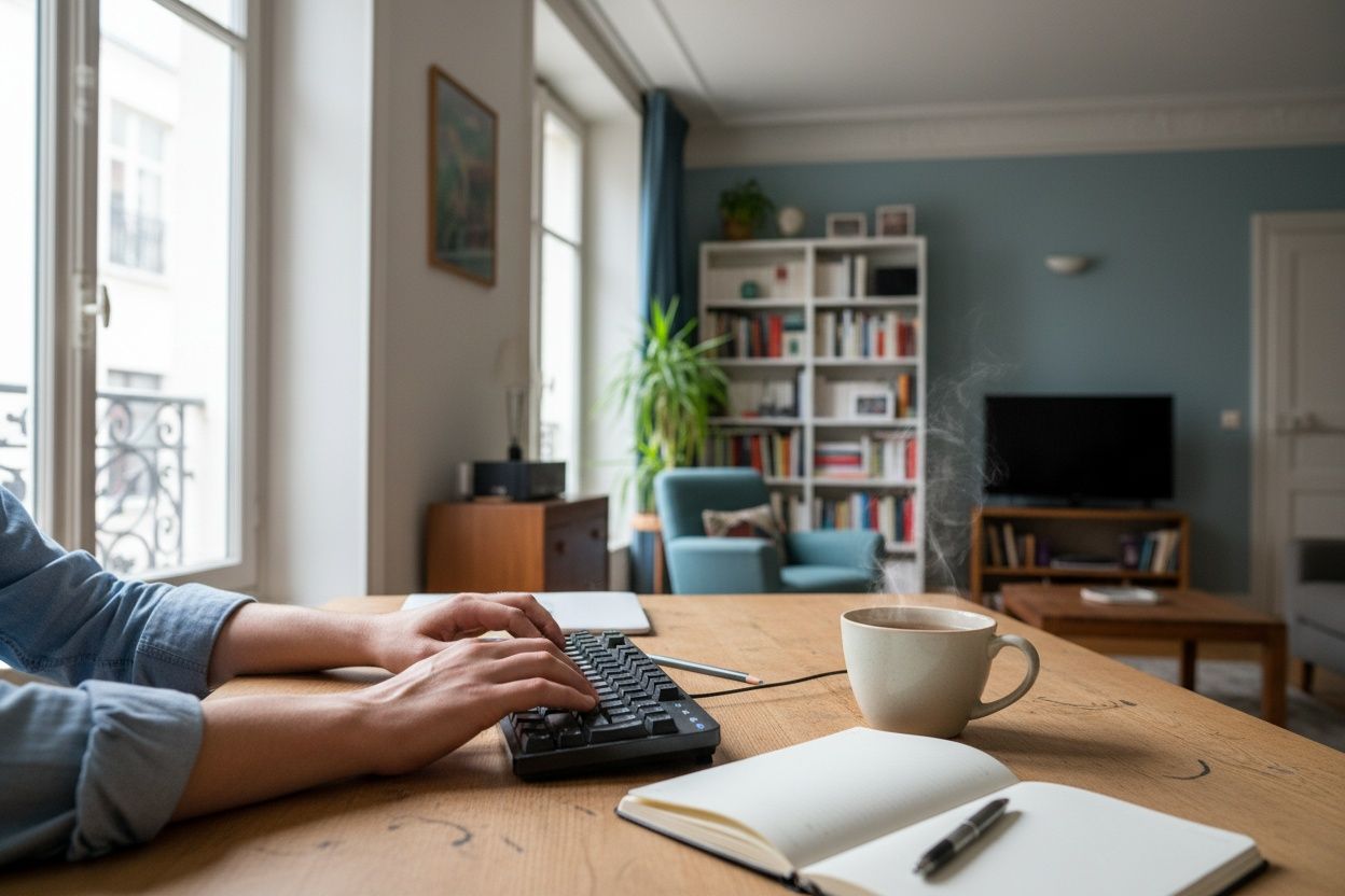 Werkbeeld aan het bureau: handen op een toetsenbord naast een notitieboek en een kopje thee