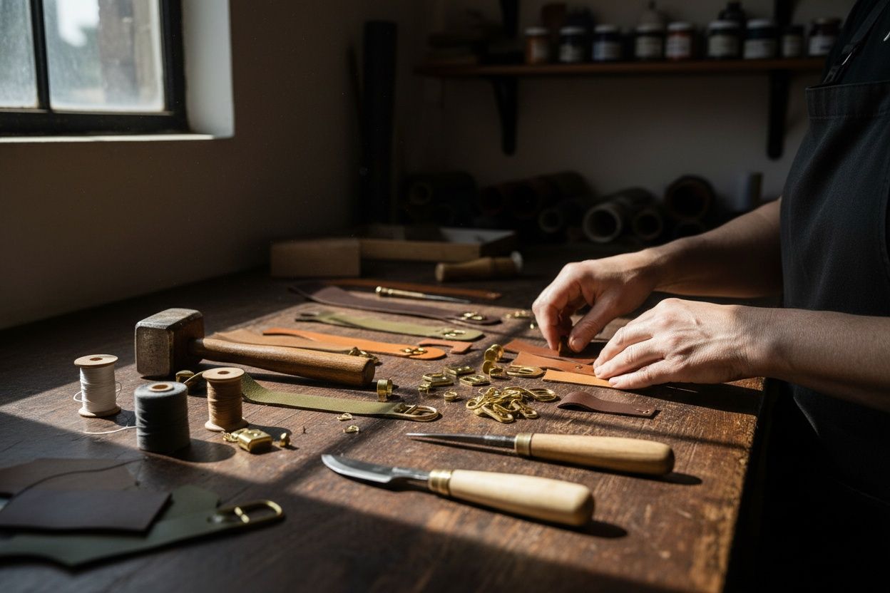 Detail van het vak: handen ordenen materiaal op een werktafel in strijklicht