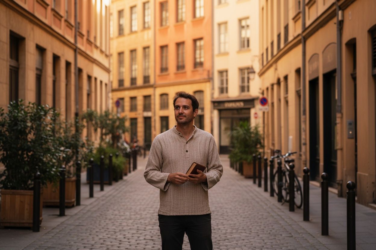 Portret buiten in een Lyonese straat met warme gevels in middaglicht