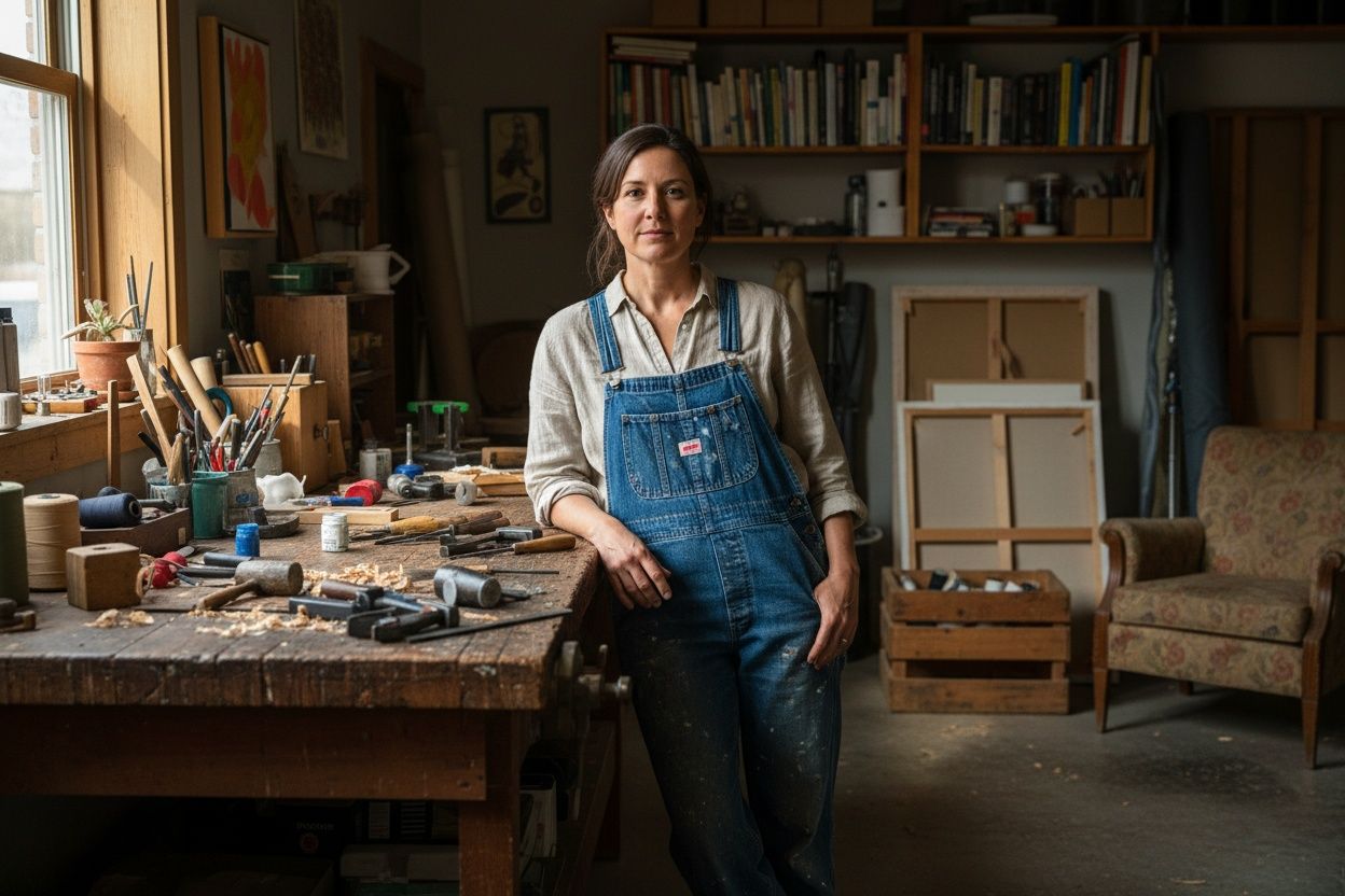 Staand portret in de eigen werkruimte, leunend tegen een tafel met materialen