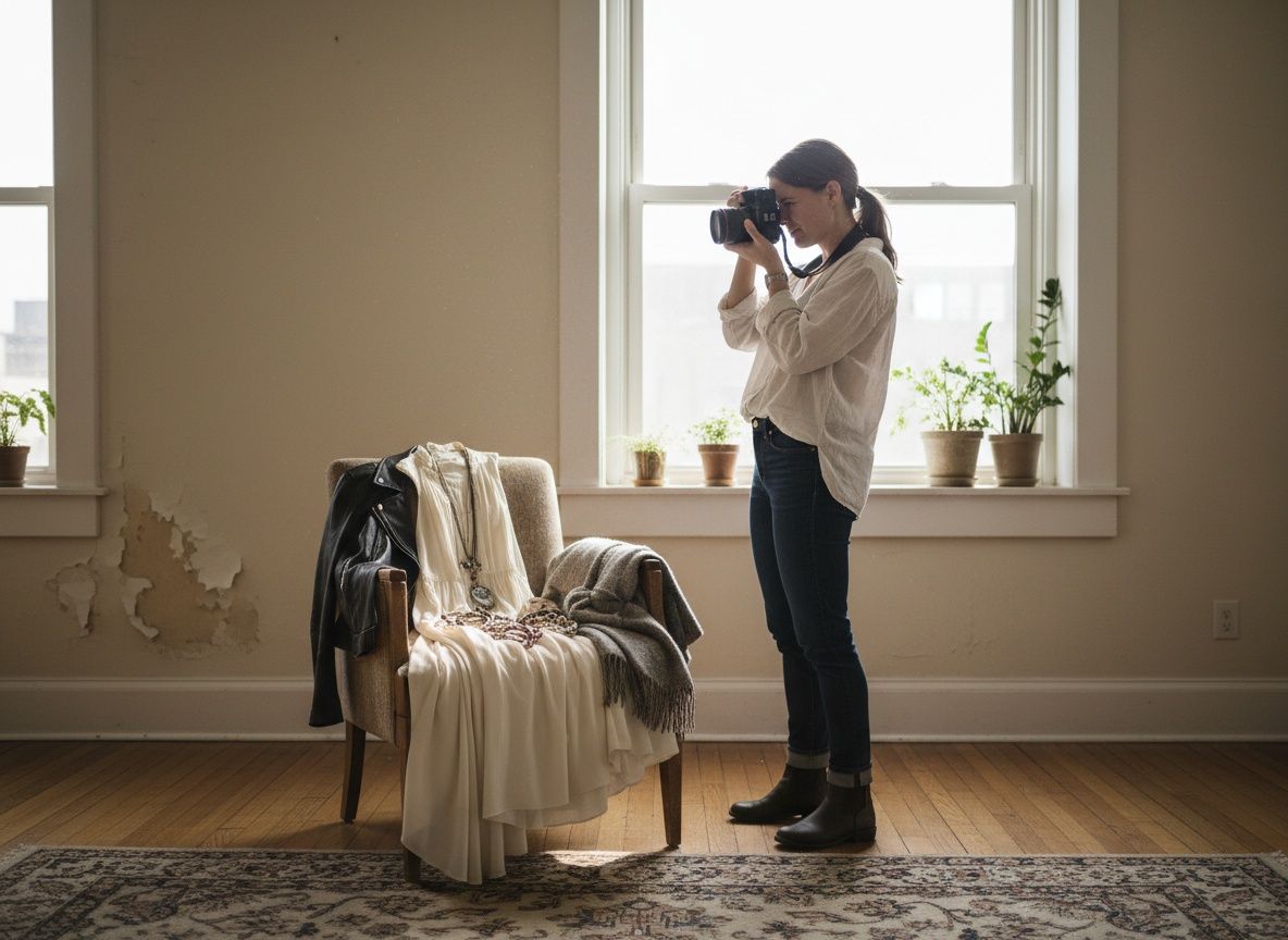 Shootdag: camera aan het oog, kleding en accessoires liggen klaar
