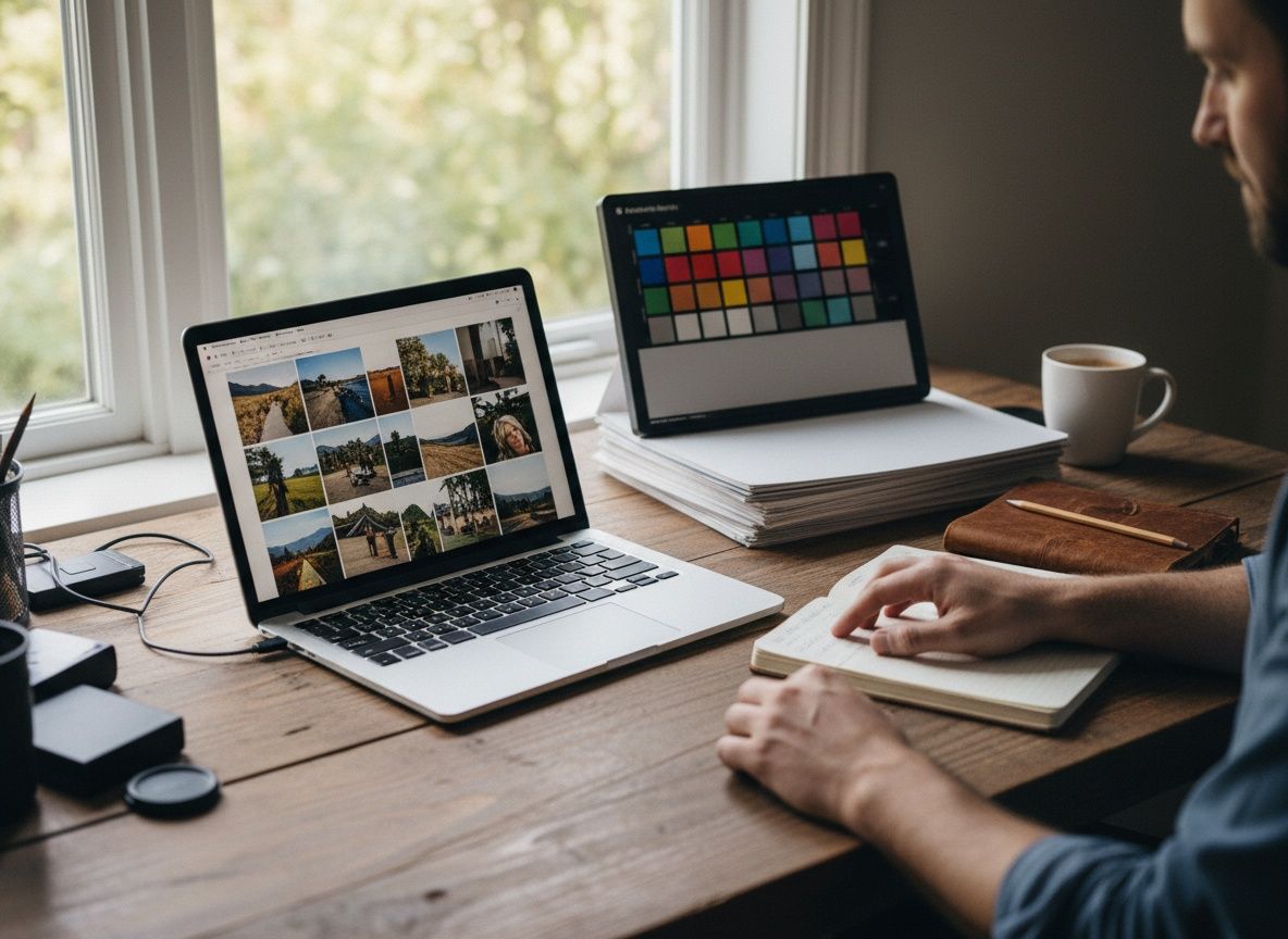 Selectie en nabewerking op een laptop met contactblad en kleurkaart