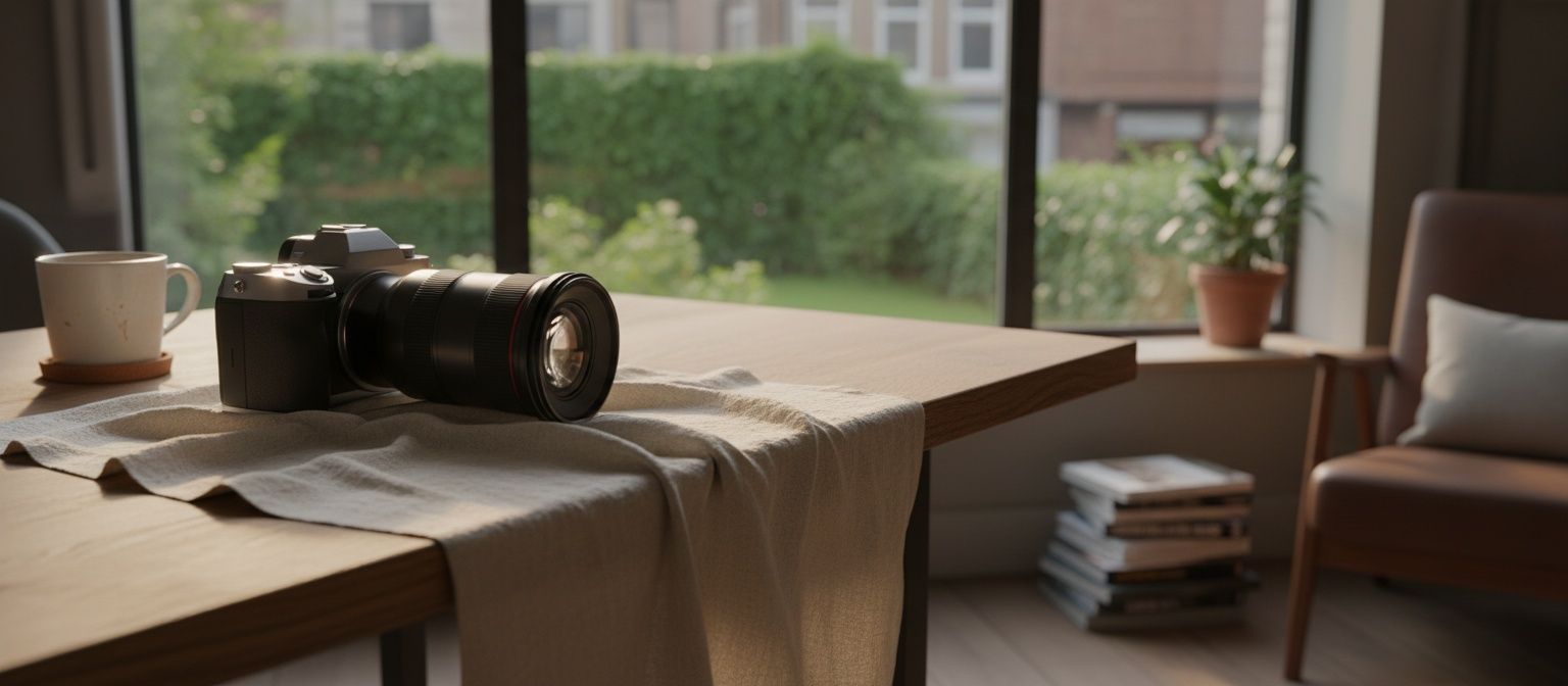 Opgeruimde werkplek na een shootdag: camera en lens naast elkaar op linnen in strijklicht