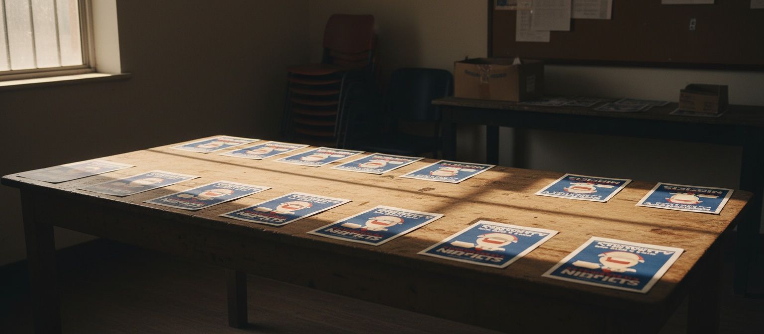Tafel vol campagne-afdrukken naast elkaar uitgelegd in laat middaglicht, met warme schaduwen