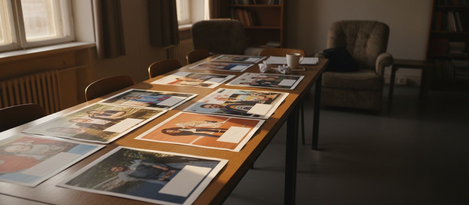 Campagne-afdrukken naast elkaar op een tafel in avondlicht, met warme schaduwen