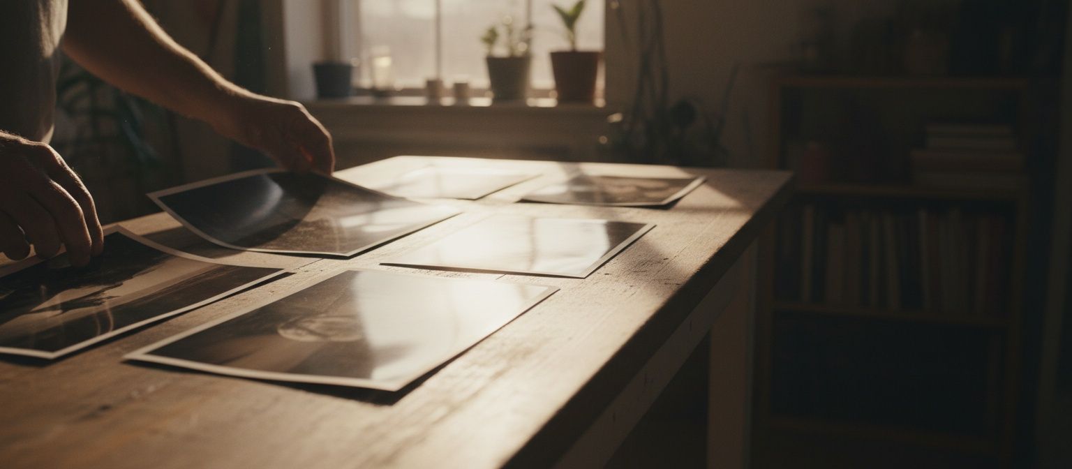 Afdrukken die naast elkaar op een tafel liggen in warm avondlicht