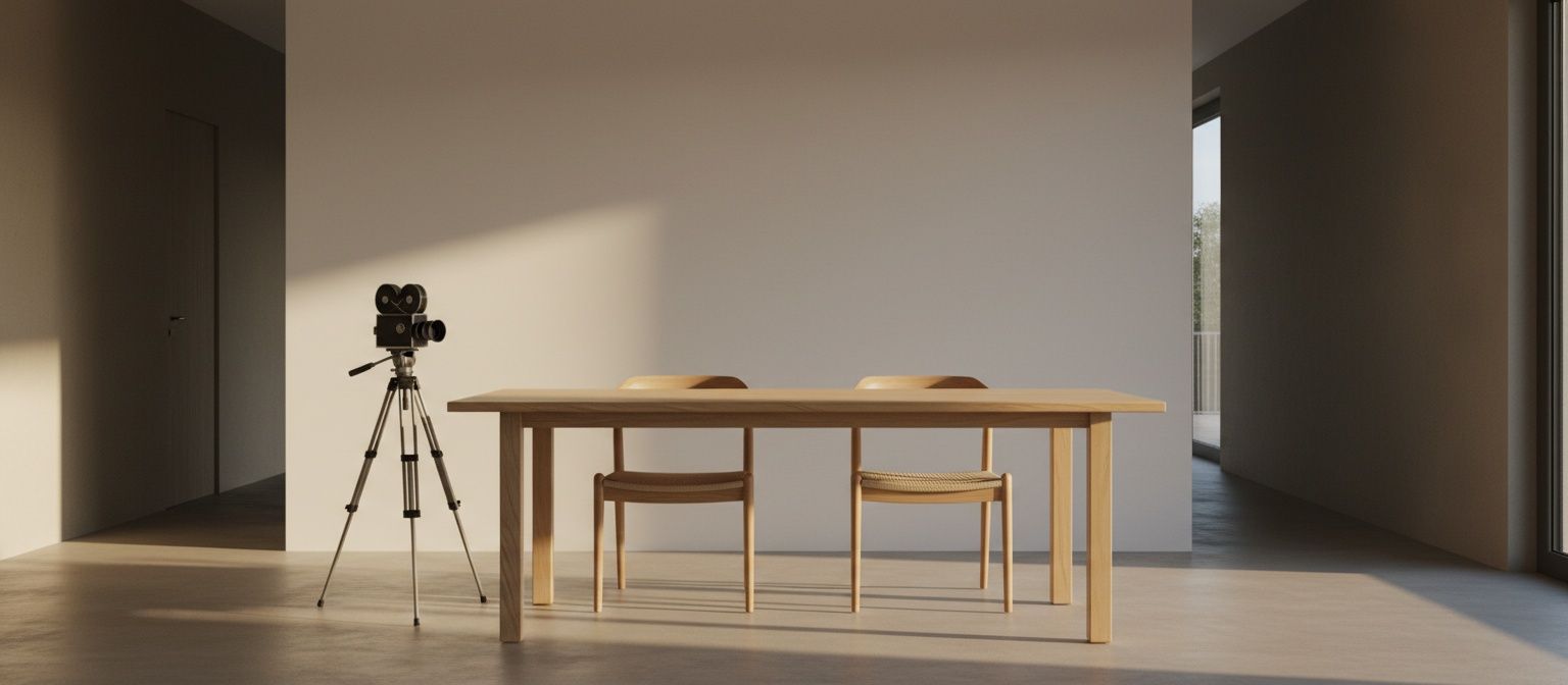 Lege eettafel met twee stoelen tegenover elkaar en een camera terzijde in laat middaglicht