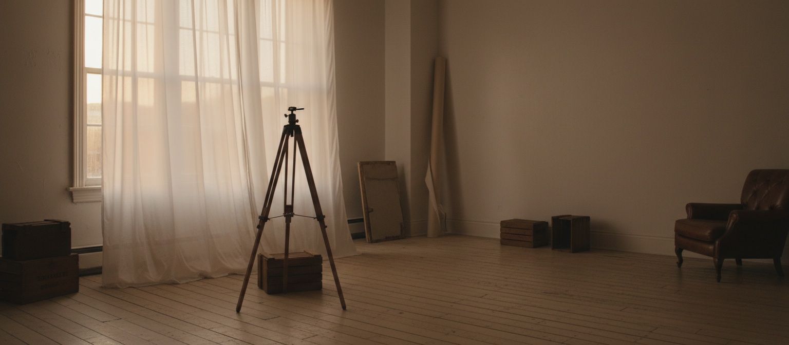 Fotoatelier in avondlicht met statief en zachte gordijnen