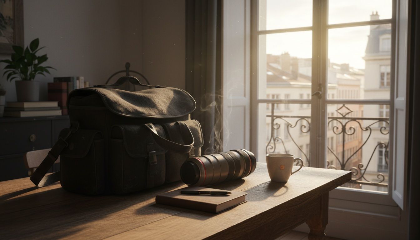 Een shootdag die klaarstaat: cameratas met lens en een gesloten notitieboek op een houten tafel bij een hoog raam