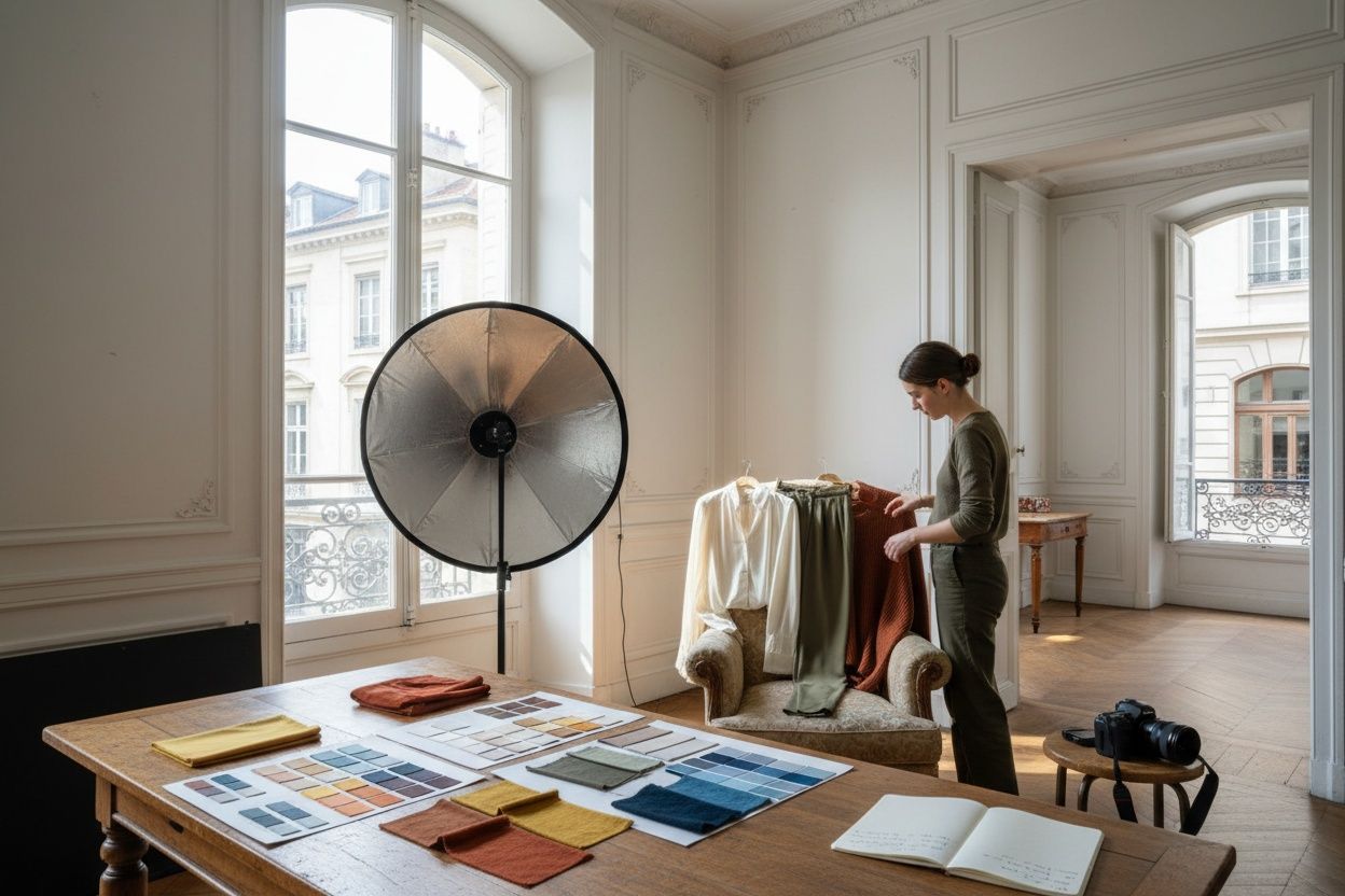 Wat er bij een shoot klaarligt: uitgekozen kleding over een stoel, kleurstalen en een reflectiescherm bij het raam