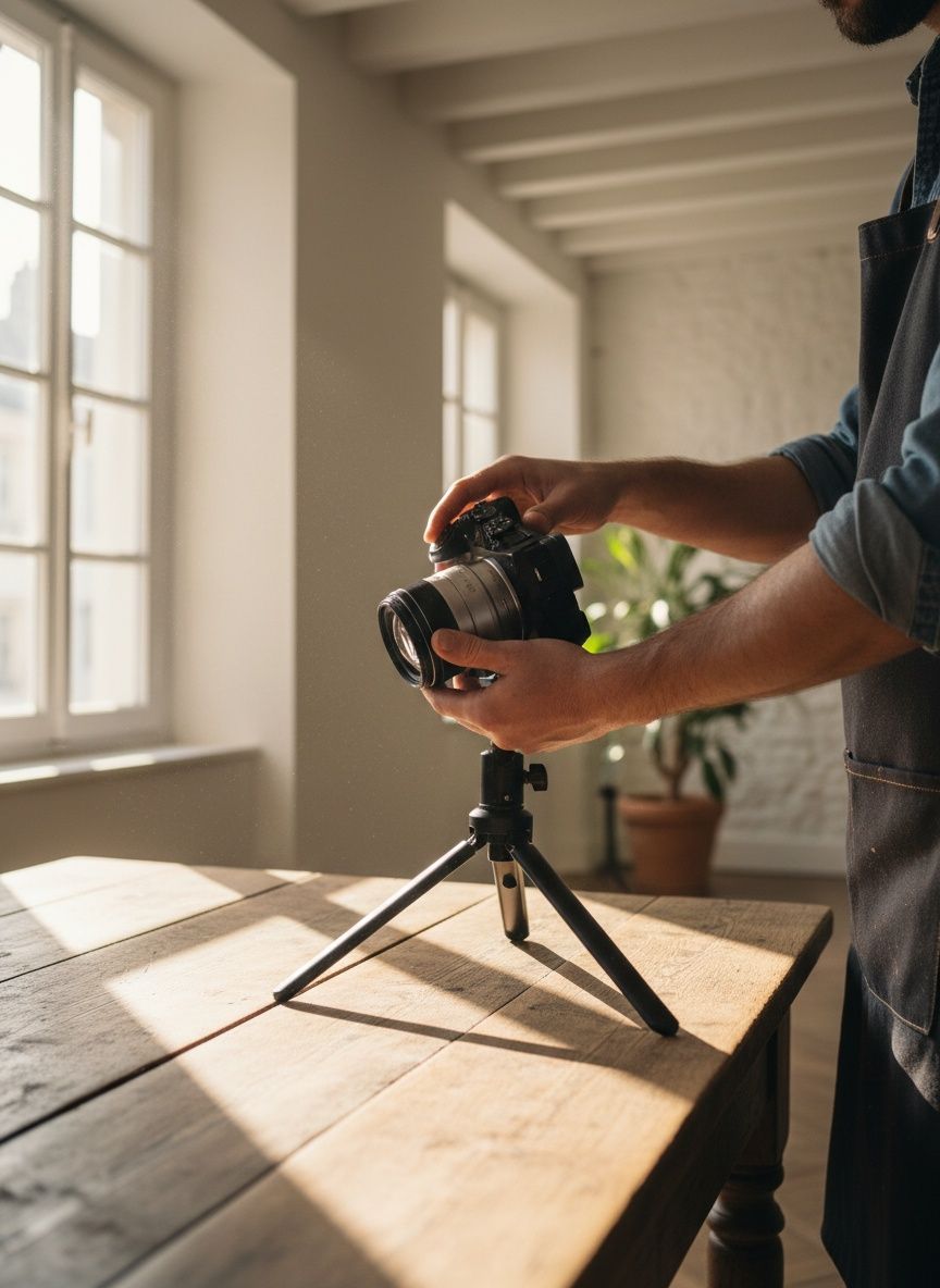 Handen aan het werk tijdens een shoot: camera en licht worden klaargezet