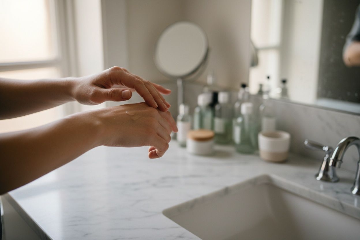 Detail van een skincare-routine bij zacht ochtendlicht