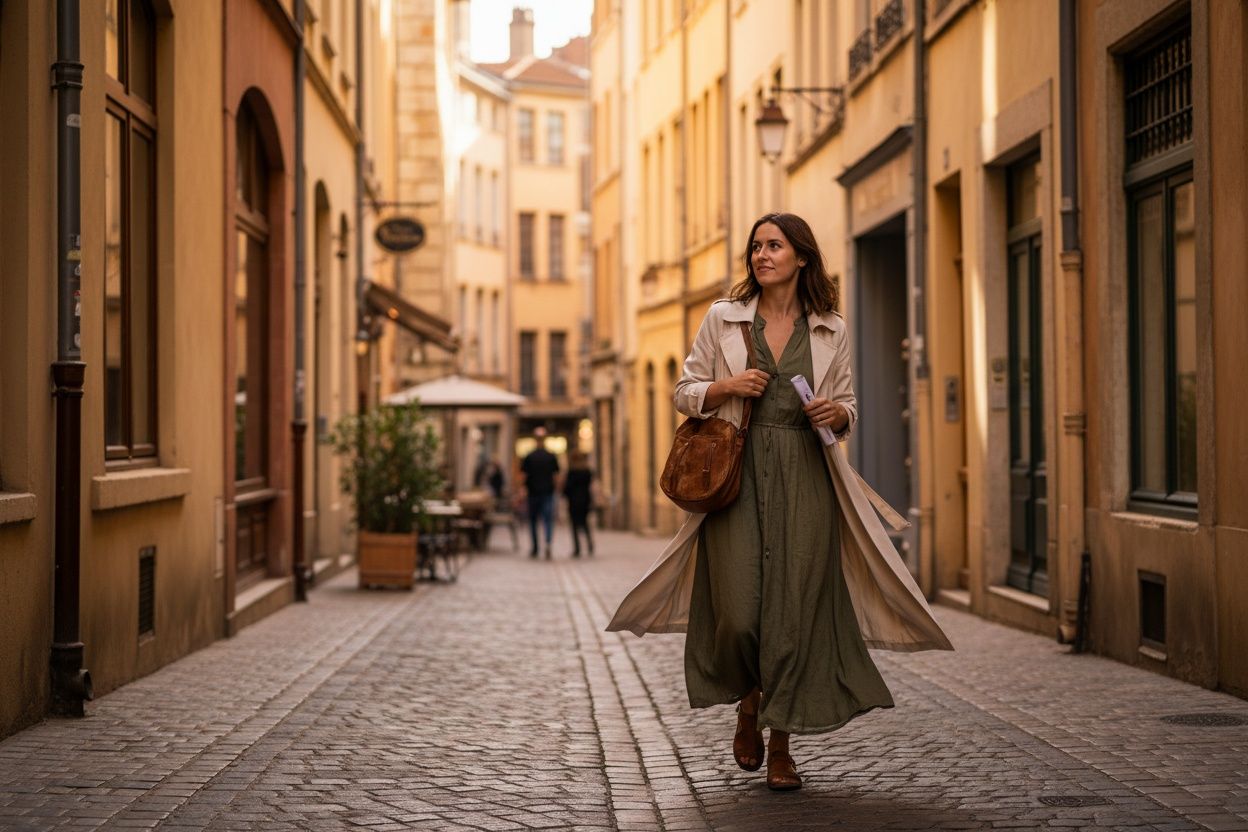 Lifestylebeeld op straat in Lyon met warme gevels