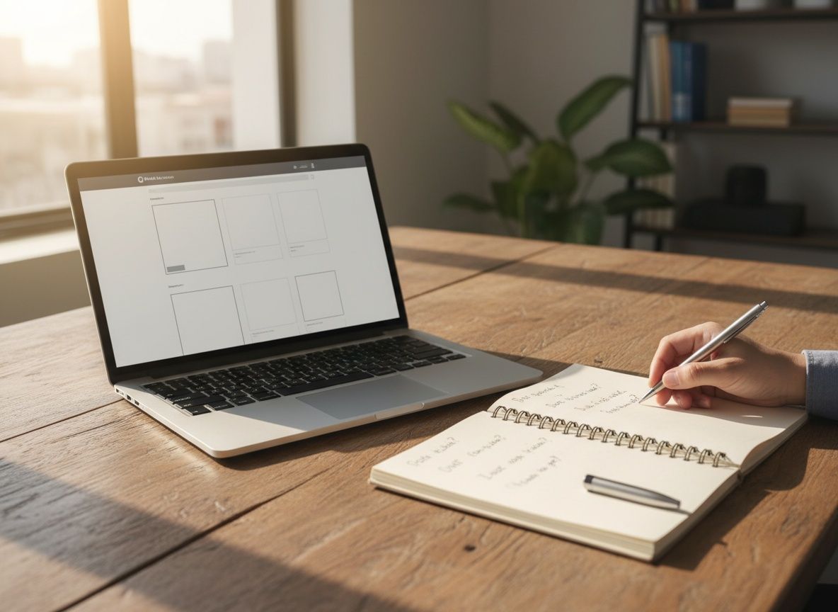 Eerste gesprek over een aanvraag: laptop met een merkpagina open naast een notitieboek
