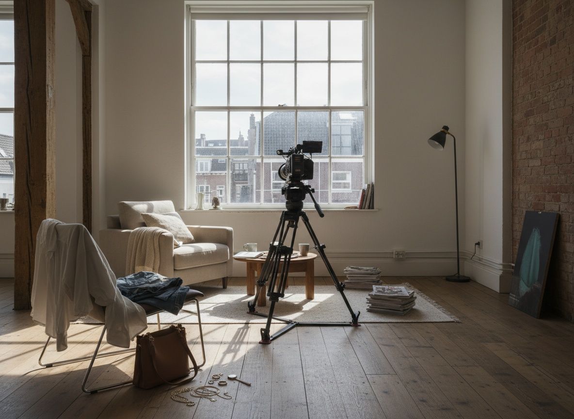 Shootdag op locatie: camera op statief gericht op een zithoek bij een raam