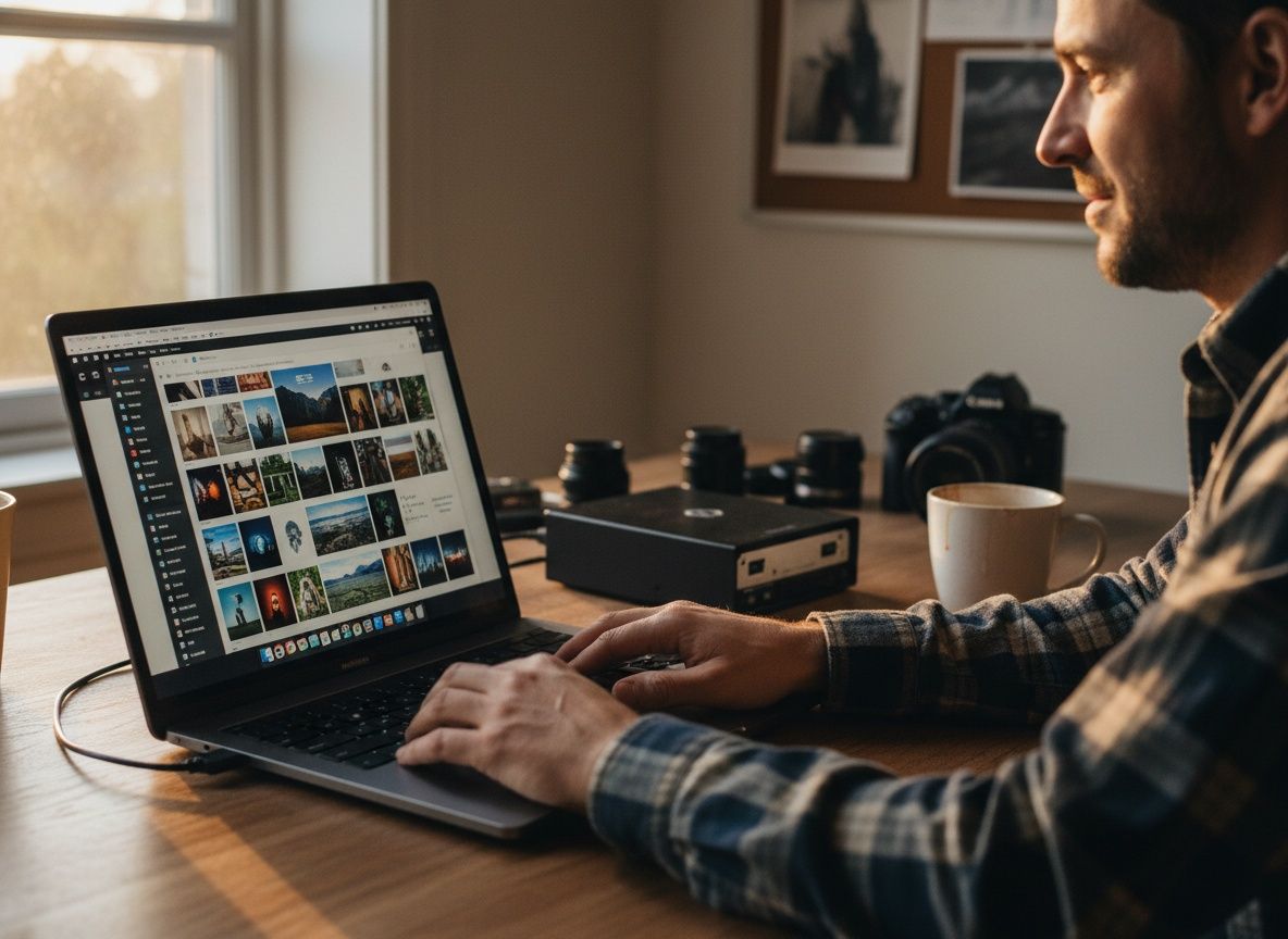 Oplevering: beelden in een gedeelde map op een laptopscherm naast een externe schijf